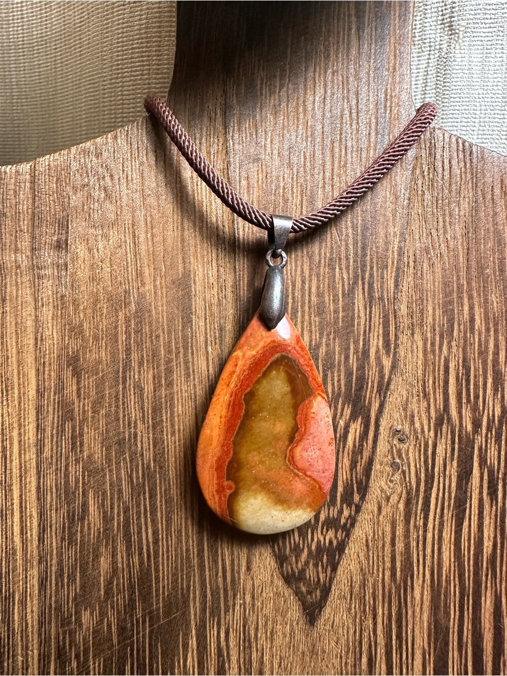 Polychrome Jasper Teardrop Pendant Necklace on Brown Rope